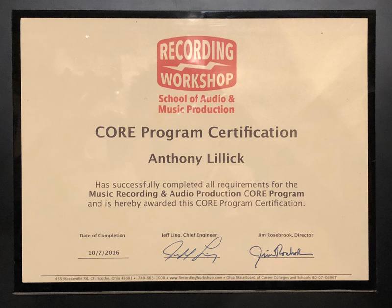 Recording Workshop certificate in Music Recording and Audio Production for Anthony Lillick, 2016